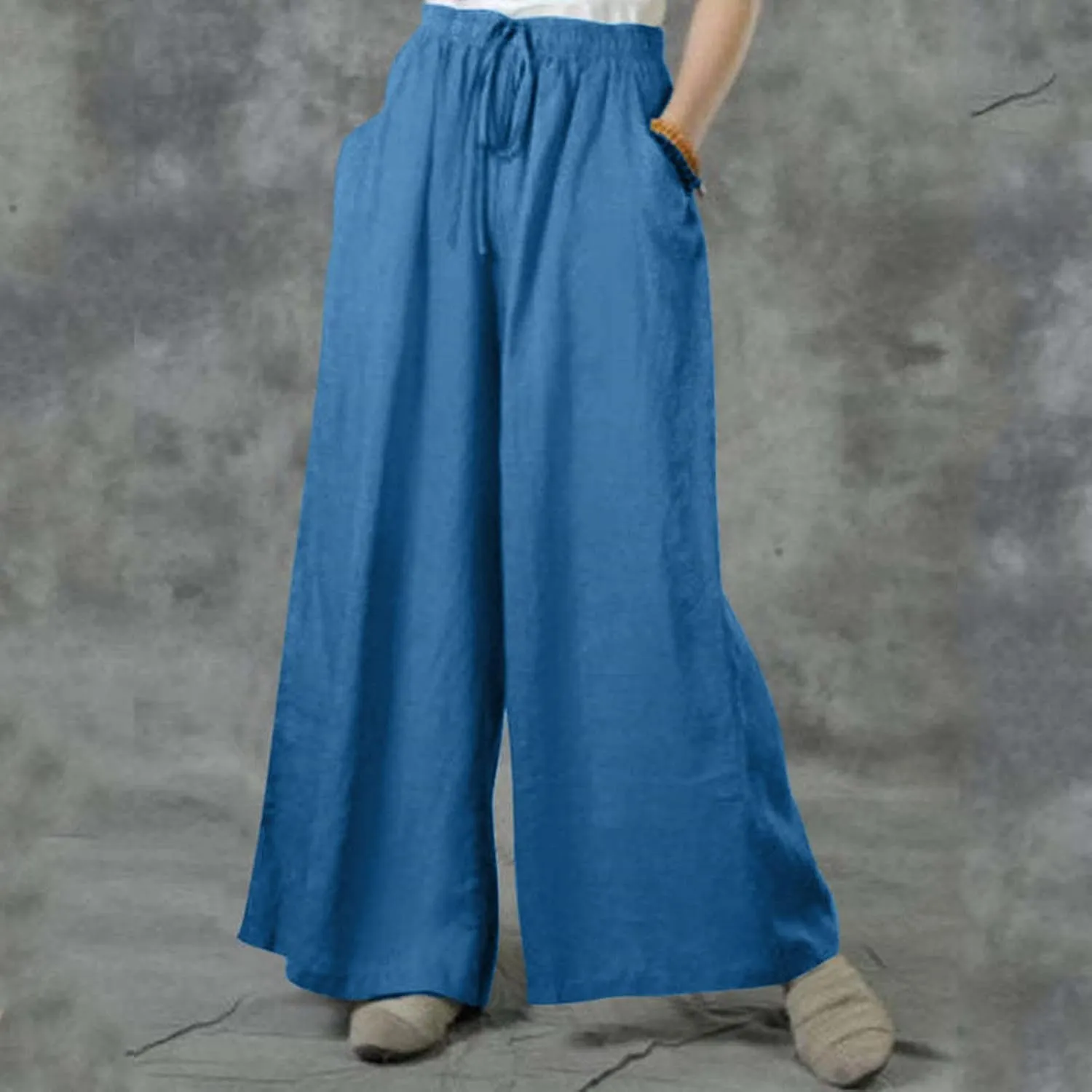 Wide Linen Pants for Women High Waisted Pant Smocked Pleated Loose Fit Casual Trousers Linen Blend Pants