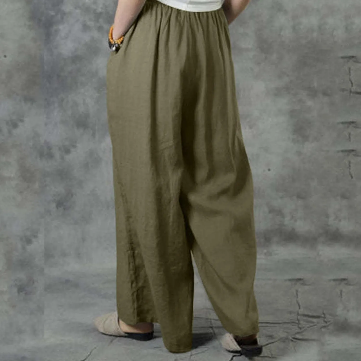 Wide Linen Pants for Women High Waisted Pant Smocked Pleated Loose Fit Casual Trousers Linen Blend Pants