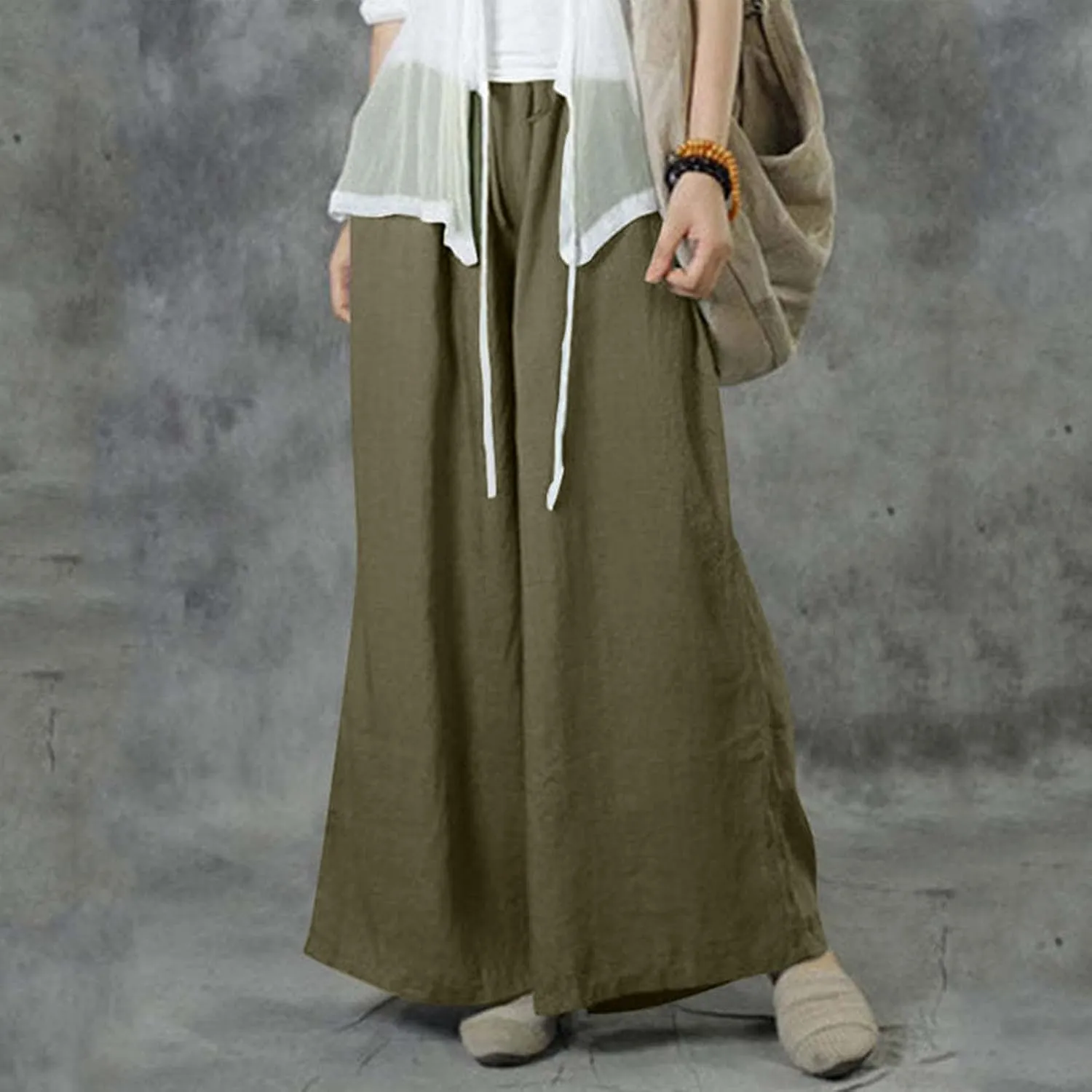 Wide Linen Pants for Women High Waisted Pant Smocked Pleated Loose Fit Casual Trousers Linen Blend Pants