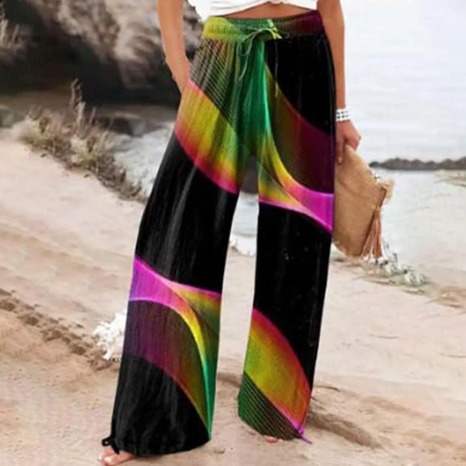 Wide Linen Pants for Women Pants Comfy Work Pants with Elastic High Waist Paper Bag Womens Linen Pants Straight Leg