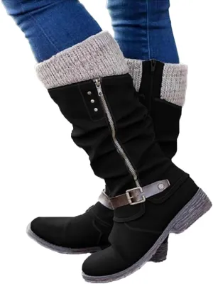 Winter Warm Low Heel Knight Boots Retro Round Toe Western Boots Low Heel Mid Calf Winter Boots Side Zip Platform Hiking Boot Outdoor Shoes
