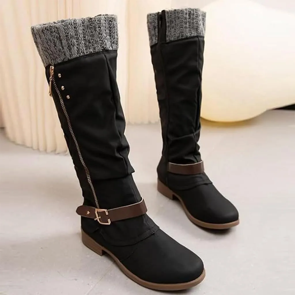 Winter Warm Low Heel Knight Boots Retro Round Toe Western Boots Low Heel Mid Calf Winter Boots Side Zip Platform Hiking Boot Outdoor Shoes