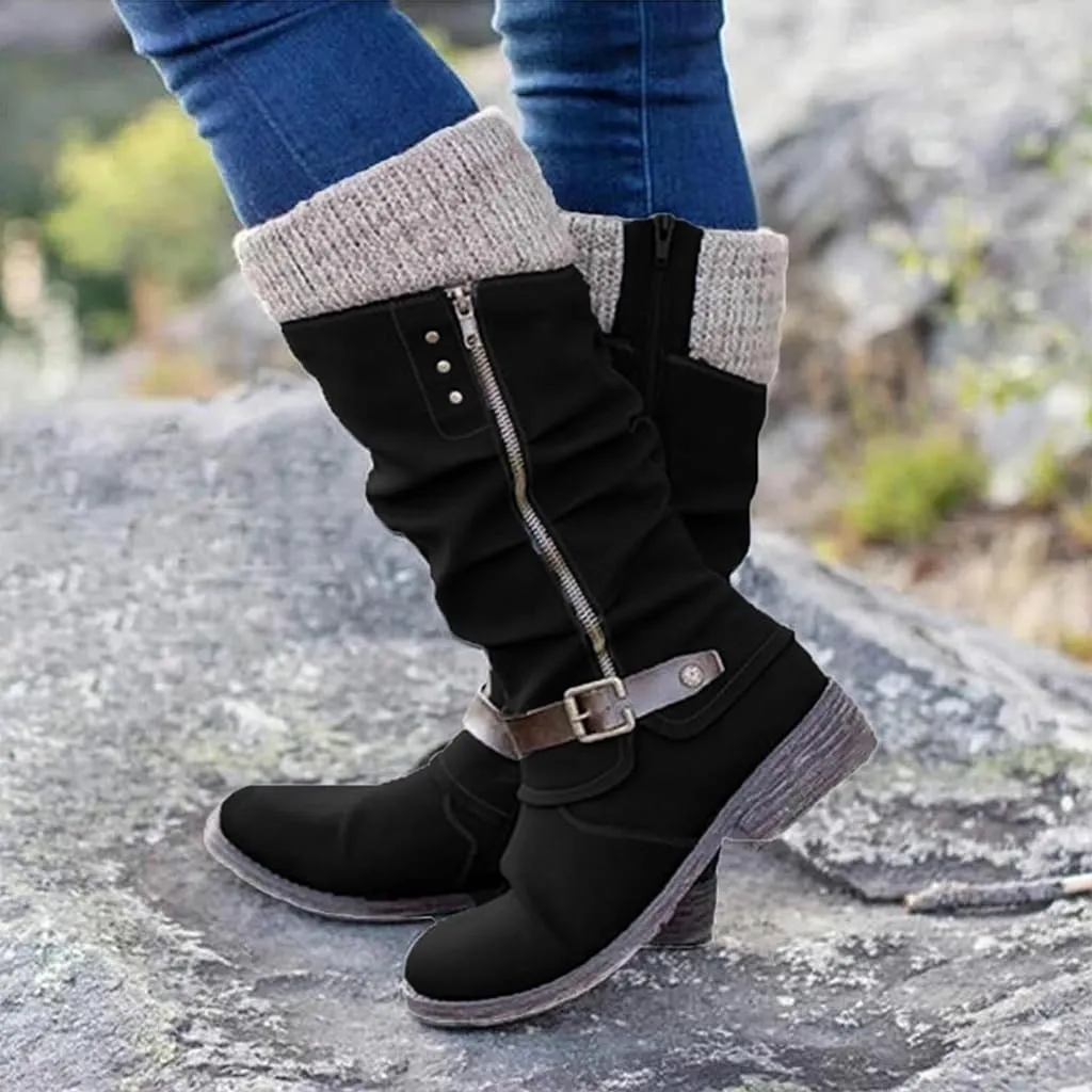 Winter Warm Low Heel Knight Boots Retro Round Toe Western Boots Low Heel Mid Calf Winter Boots Side Zip Platform Hiking Boot Outdoor Shoes