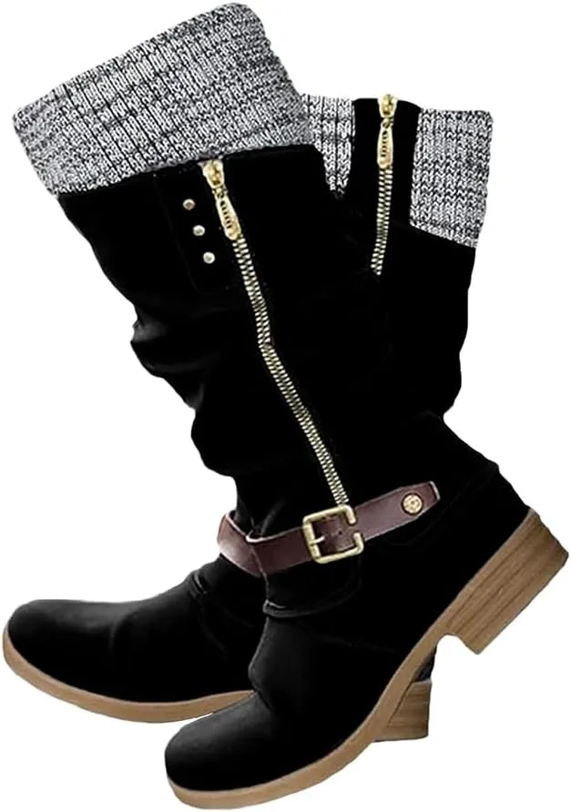 Winter Warm Low Heel Knight Boots Retro Round Toe Western Boots Low Heel Mid Calf Winter Boots Side Zip Platform Hiking Boot Outdoor Shoes
