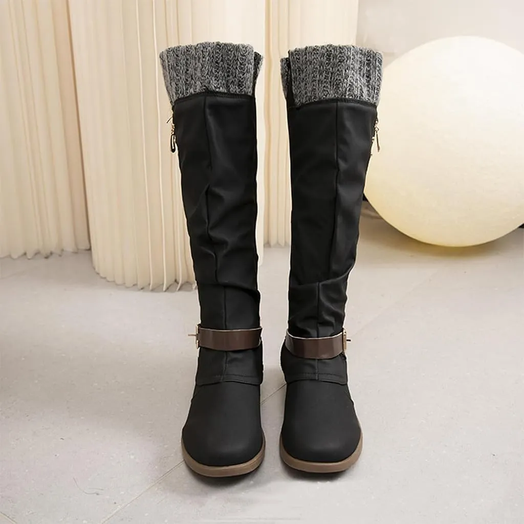 Winter Warm Low Heel Knight Boots Retro Round Toe Western Boots Low Heel Mid Calf Winter Boots Side Zip Platform Hiking Boot Outdoor Shoes