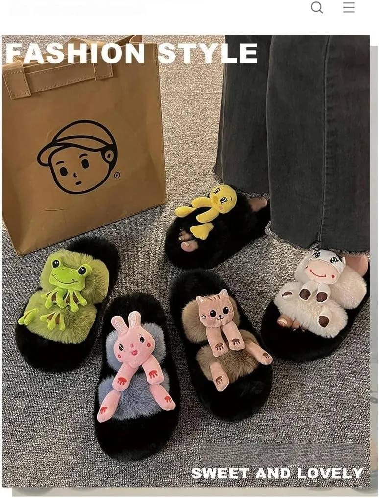 Women Cute Fuzzy Slippers Cozy Cartoon Charm Thickened Sole Mules Non-Slip Indoor-Outdoor Shoes for Autumn-Winter