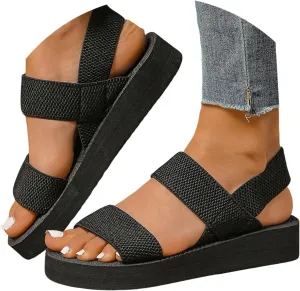 Women Flat Sandals Comfortable Slip On Walking Slides Open Toe Elastic Strap Espadrille Sandals Non Slip Open Toe Beach Slides