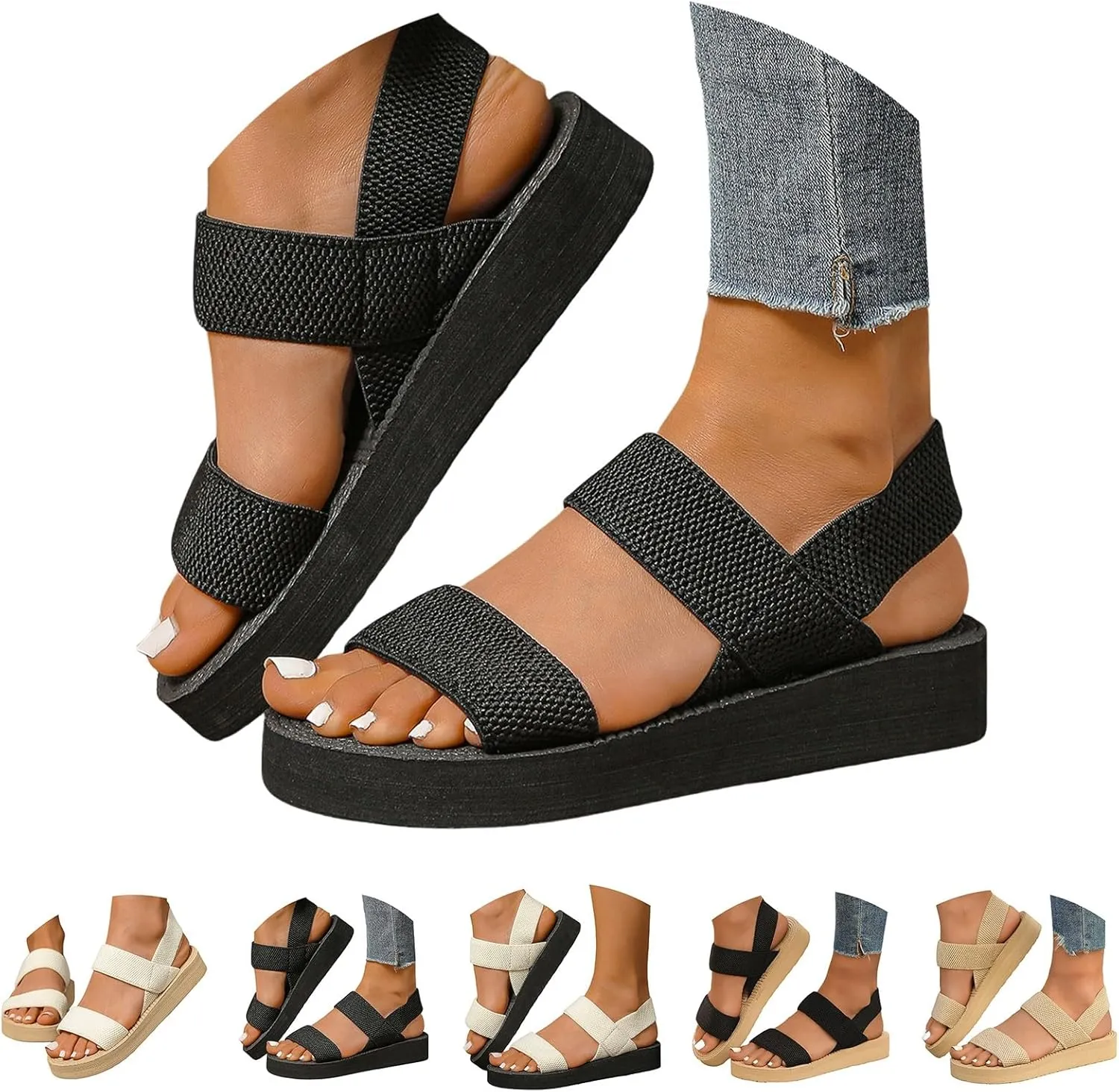Women Flat Sandals Comfortable Slip On Walking Slides Open Toe Elastic Strap Espadrille Sandals Non Slip Open Toe Beach Slides