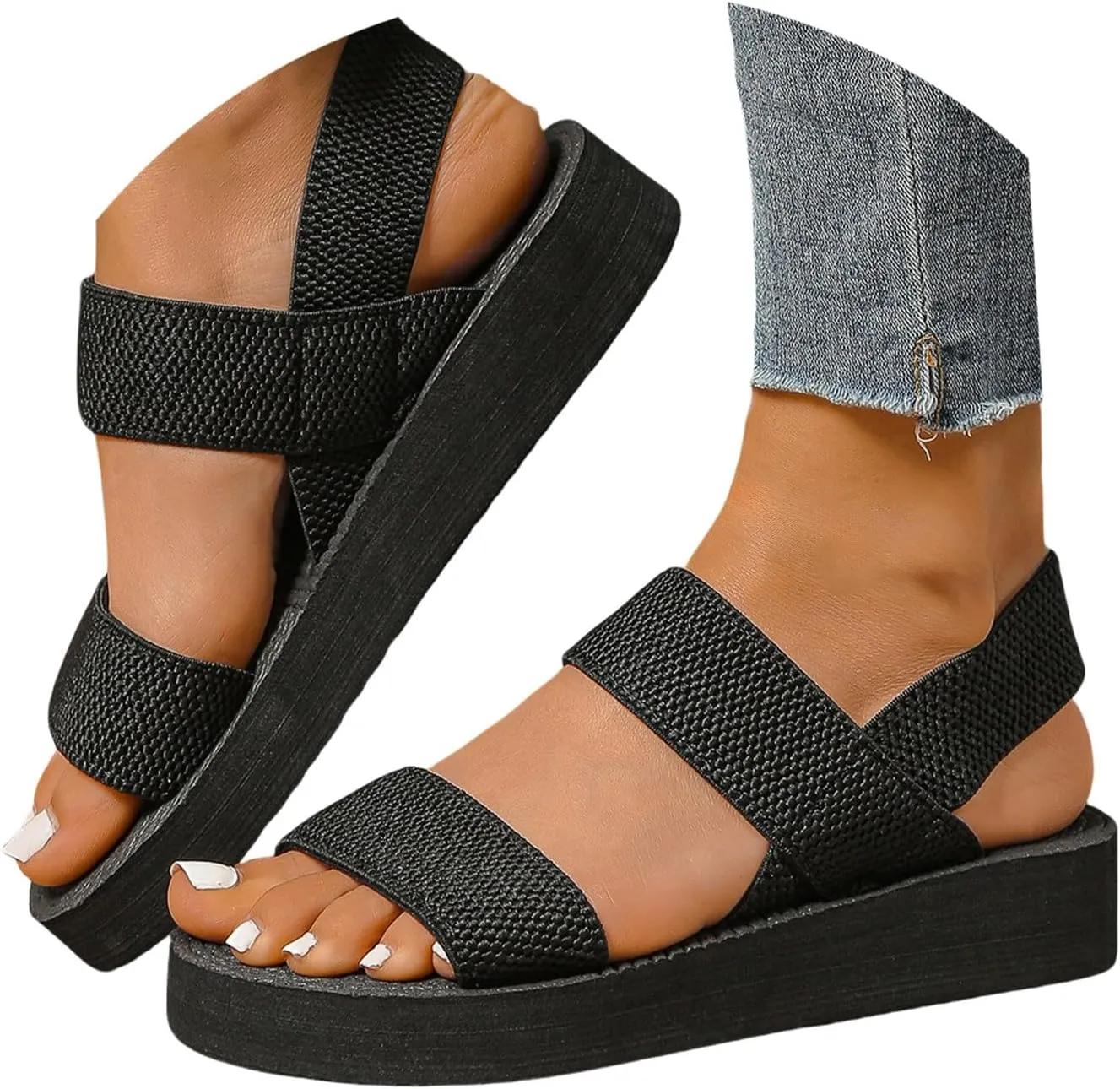 Women Flat Sandals Comfortable Slip On Walking Slides Open Toe Elastic Strap Espadrille Sandals Non Slip Open Toe Beach Slides