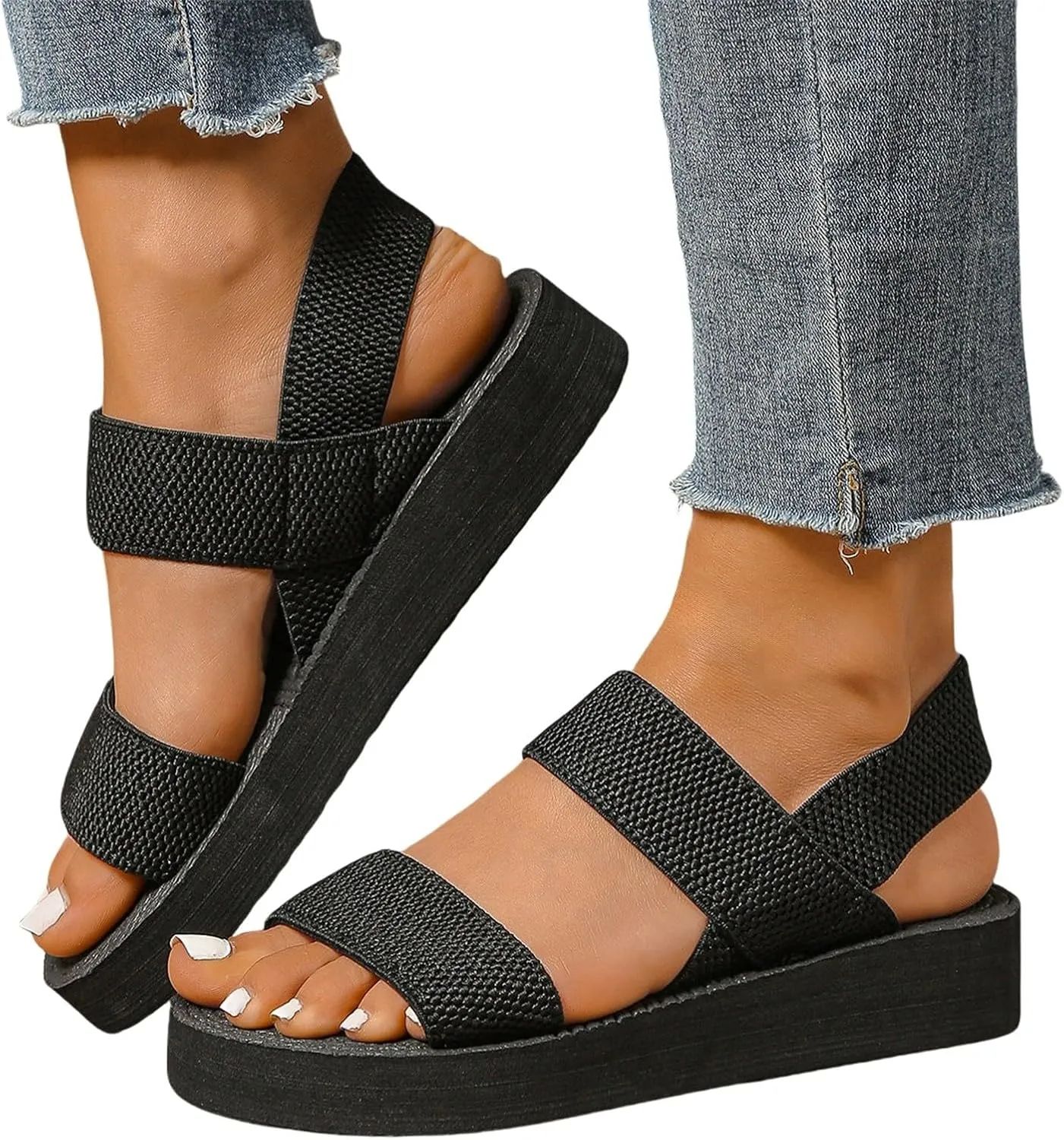 Women Flat Sandals Comfortable Slip On Walking Slides Open Toe Elastic Strap Espadrille Sandals Non Slip Open Toe Beach Slides