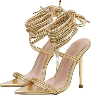 Women High Heel Sandals Open Toe Square Toe Strappy Ankle Strap Chunky Heel Party Shoes