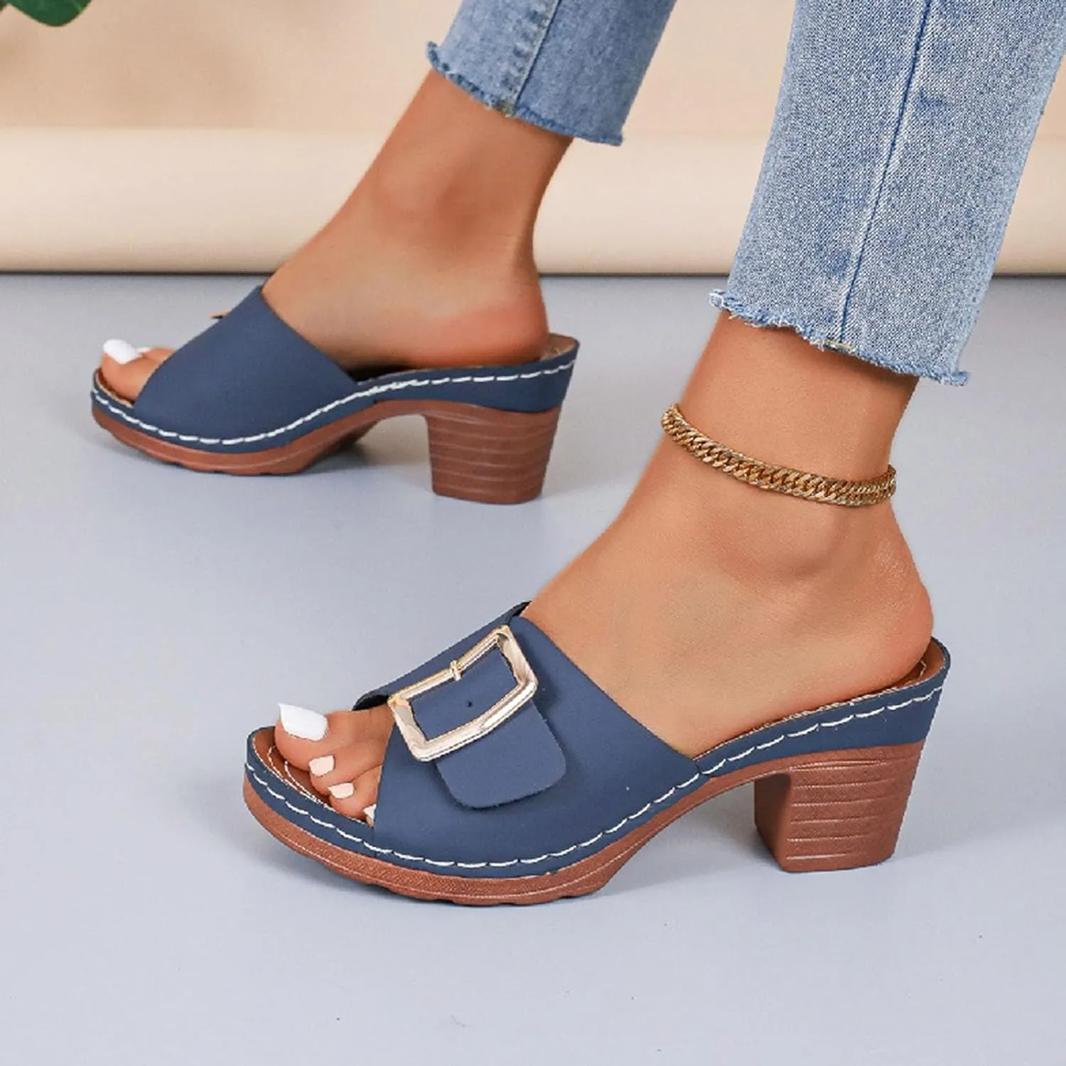 Women High Heel Slide Sandals Summer Dressy Chunky Heels Slippers Elegant Slip on with Buckle 2025 New