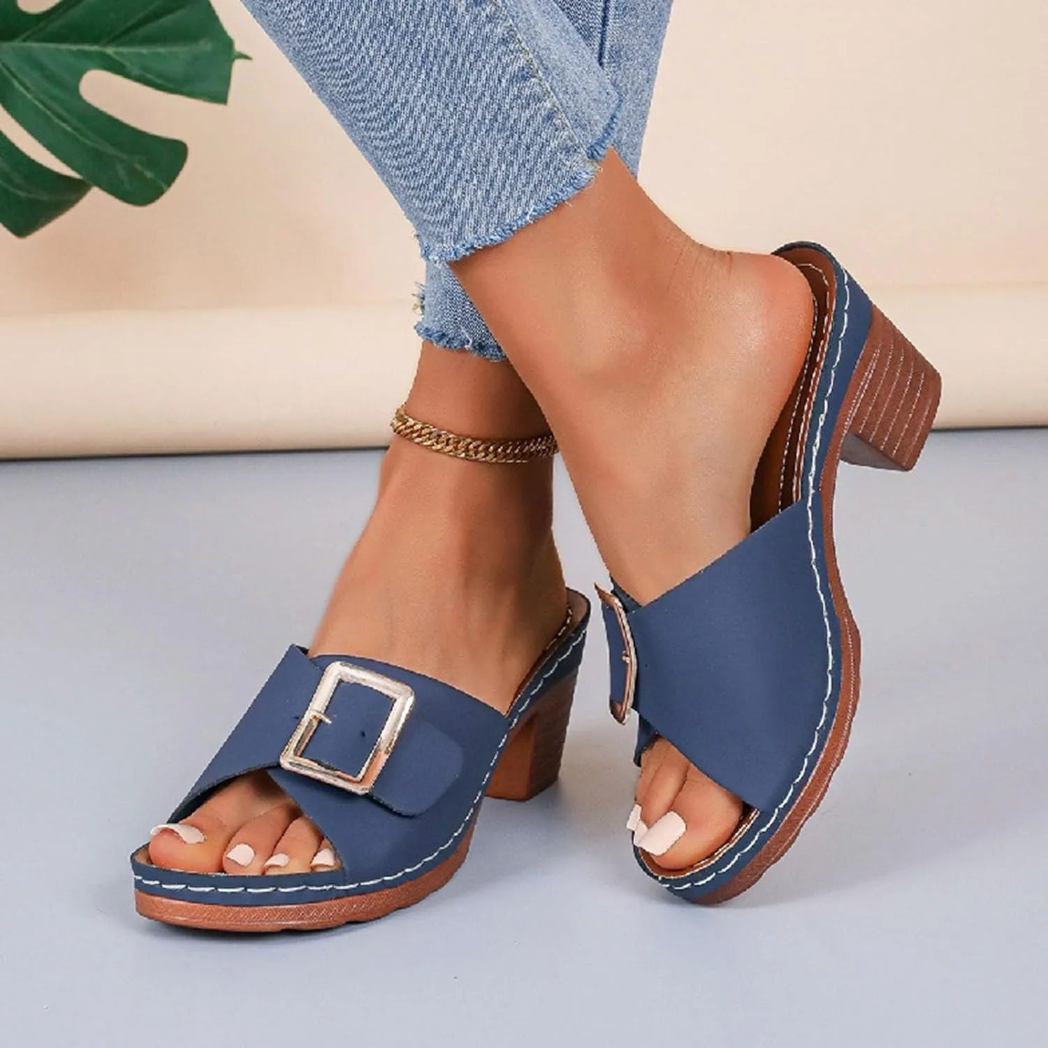 Women High Heel Slide Sandals Summer Dressy Chunky Heels Slippers Elegant Slip on with Buckle 2025 New