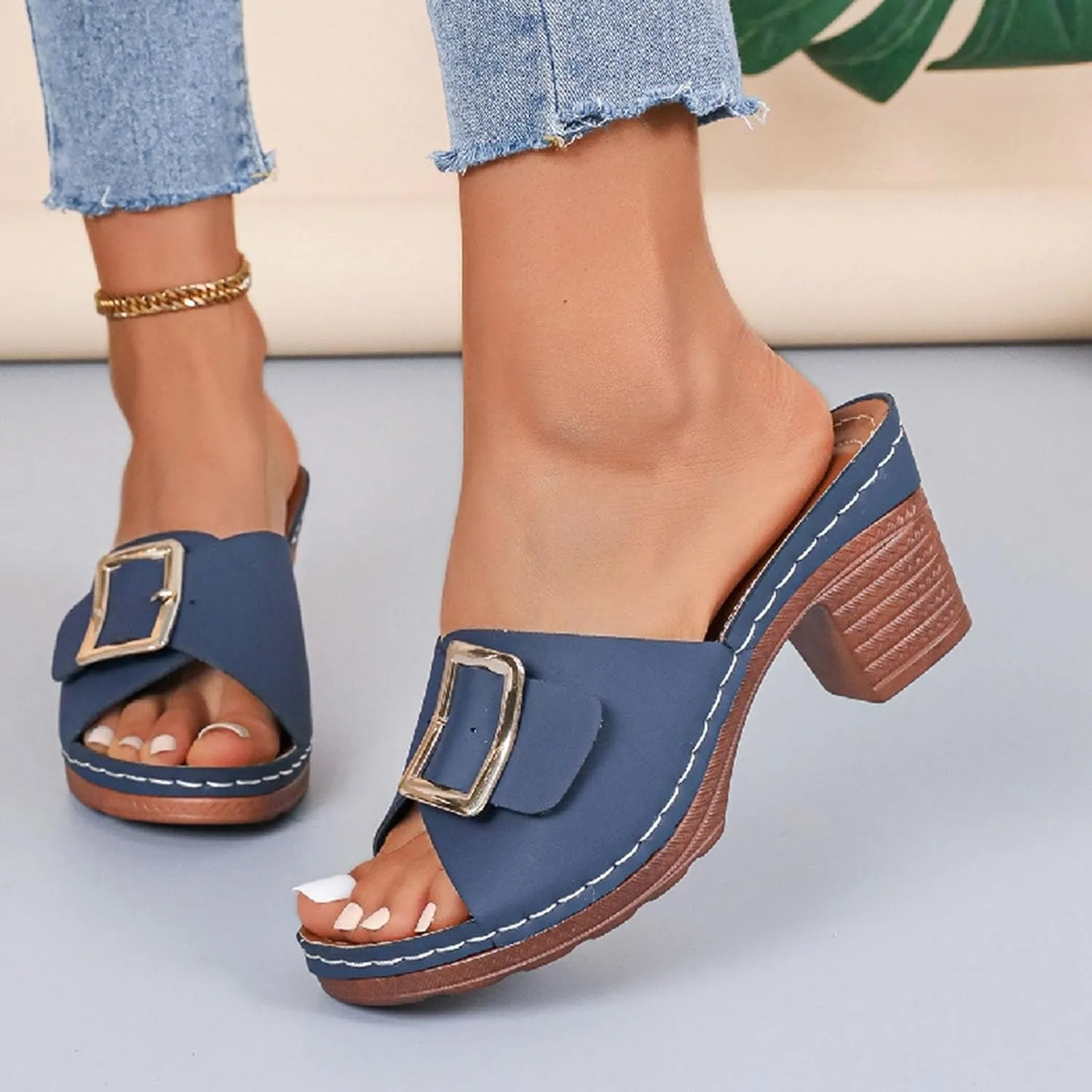 Women High Heel Slide Sandals Summer Dressy Chunky Heels Slippers Elegant Slip on with Buckle 2025 New