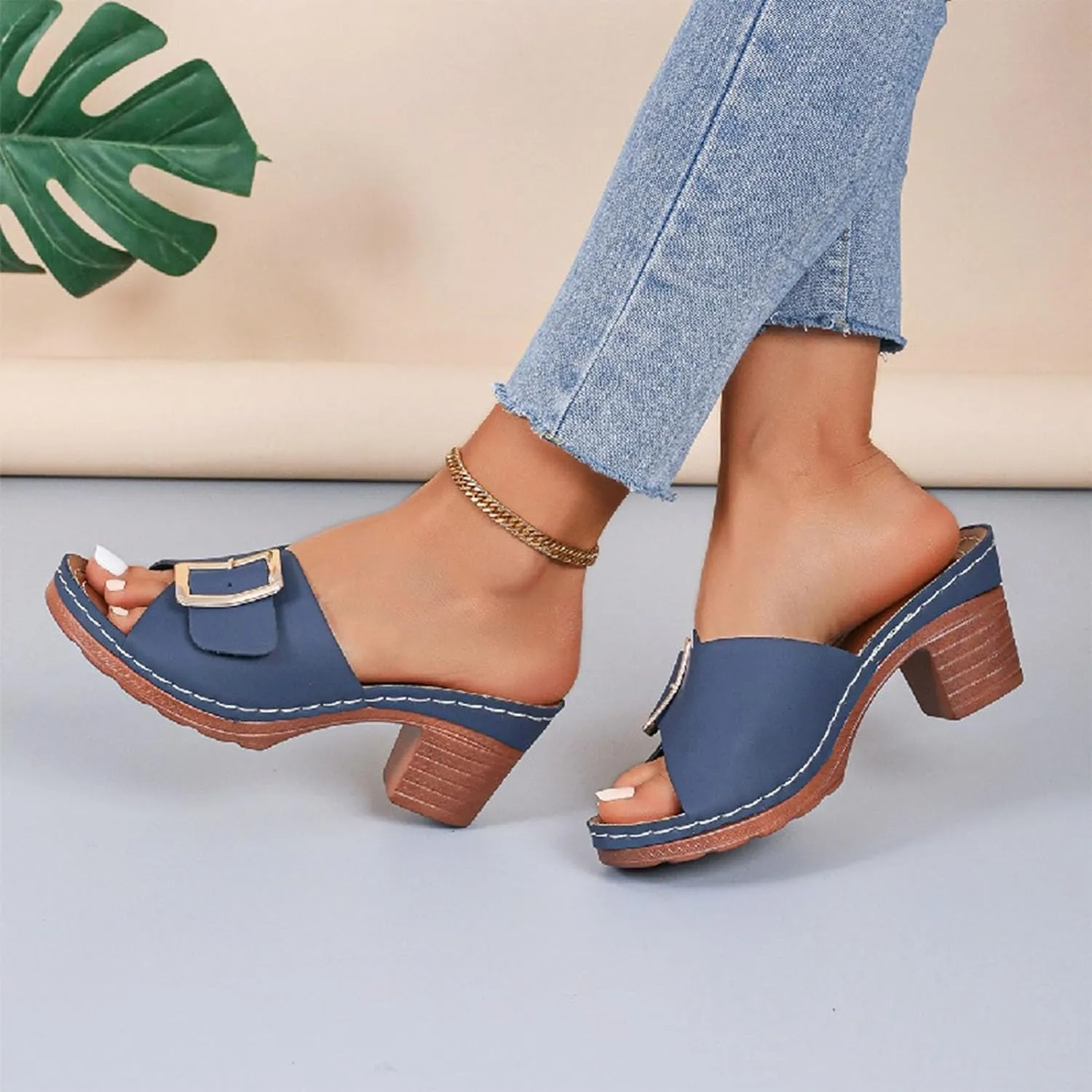 Women High Heel Slide Sandals Summer Dressy Chunky Heels Slippers Elegant Slip on with Buckle 2025 New