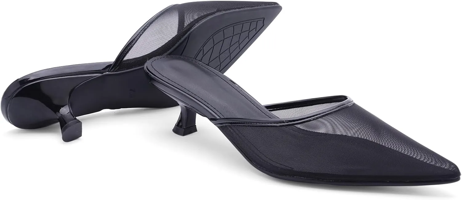 Women Kitten Heels Mules Mesh Pointed Toe Low Heel Pumps Closed Toe Slingback Dress Shoes