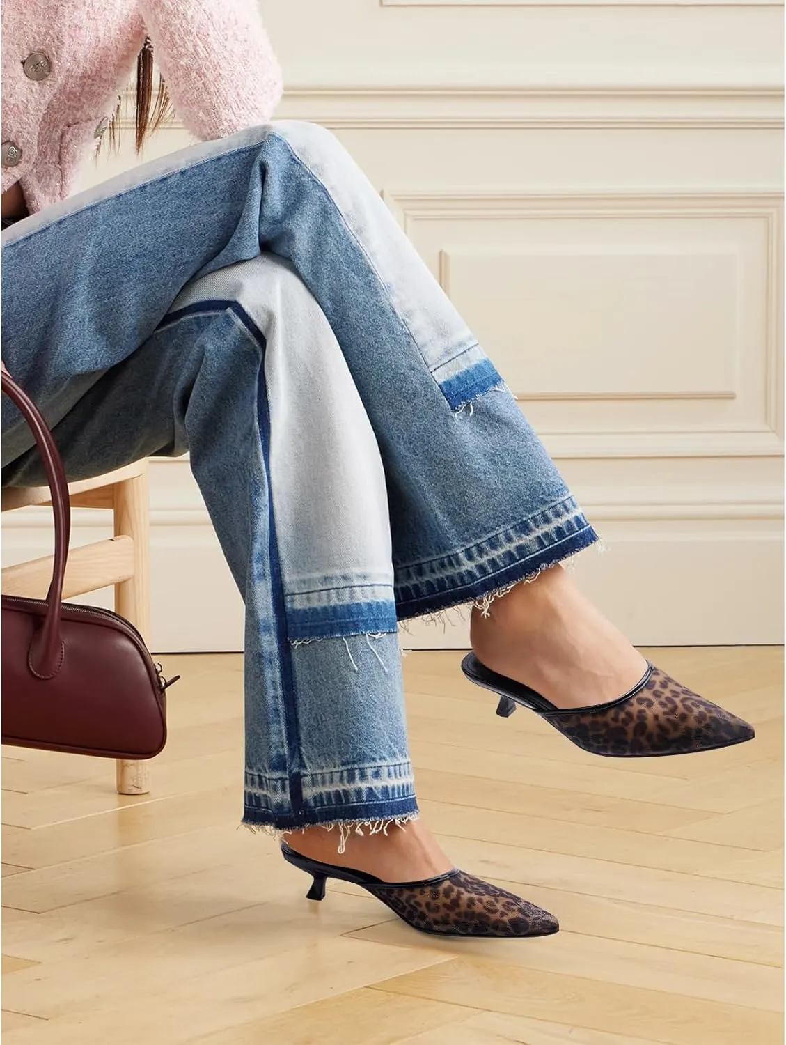 Women Kitten Heels Mules Mesh Pointed Toe Low Heel Pumps Closed Toe Slingback Dress Shoes