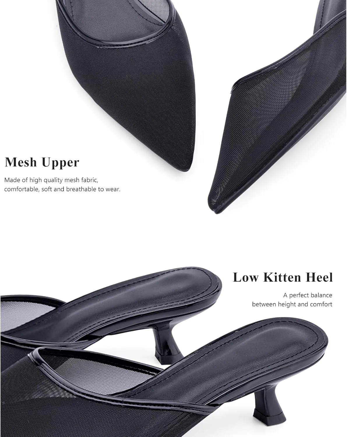 Women Kitten Heels Mules Mesh Pointed Toe Low Heel Pumps Closed Toe Slingback Dress Shoes