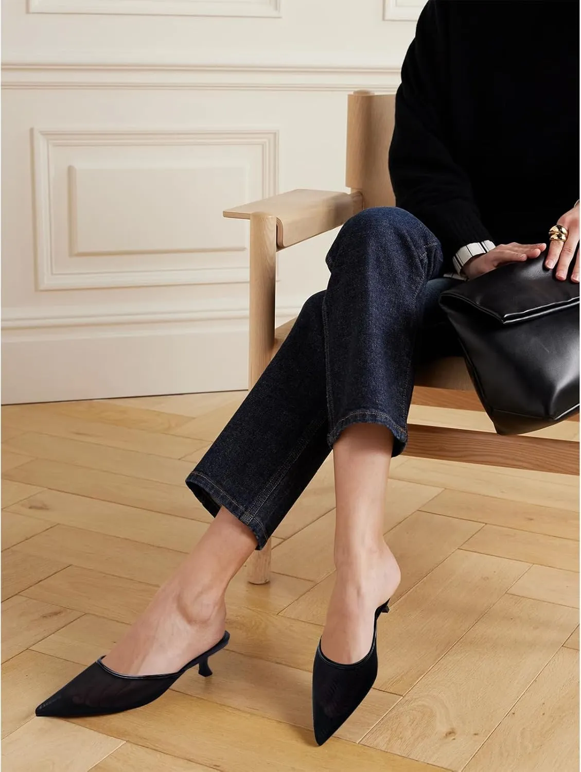 Women Kitten Heels Mules Mesh Pointed Toe Low Heel Pumps Closed Toe Slingback Dress Shoes