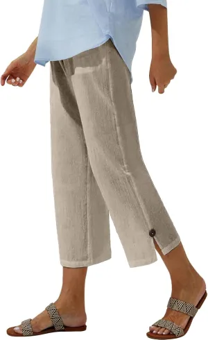 Women Linen Pants Summer and Linen Buttoned Cropped Pants with Elastic Waist for Women's Womens Linen Pants Straight Leg