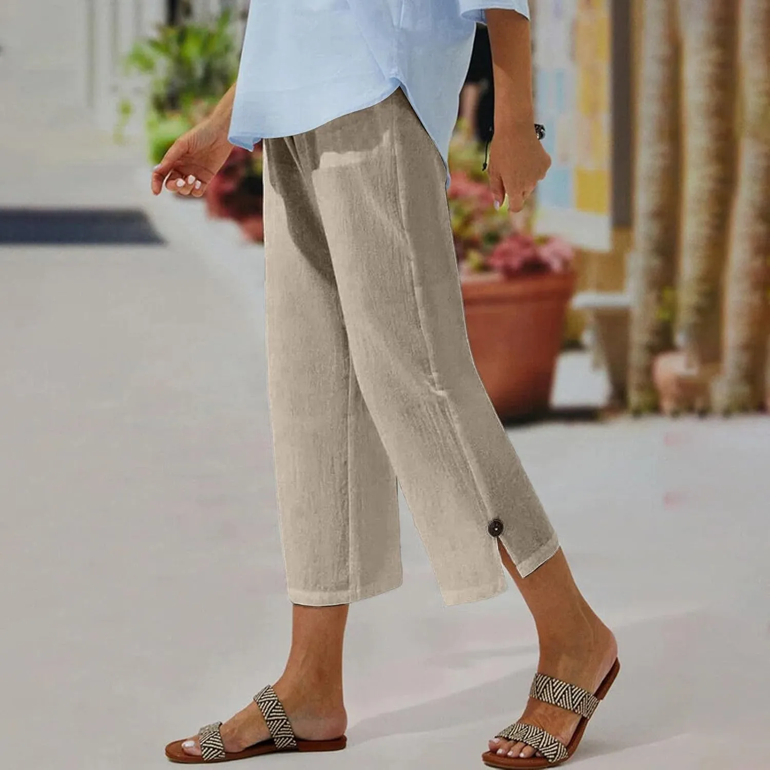 Women Linen Pants Summer and Linen Buttoned Cropped Pants with Elastic Waist for Women's Womens Linen Pants Straight Leg