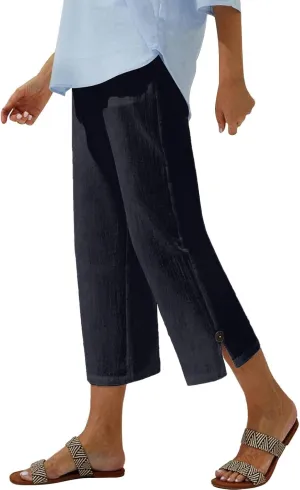Women Linen Pants Summer and Linen Buttoned Cropped Pants with Elastic Waist for Women's Womens Linen Pants Straight Leg