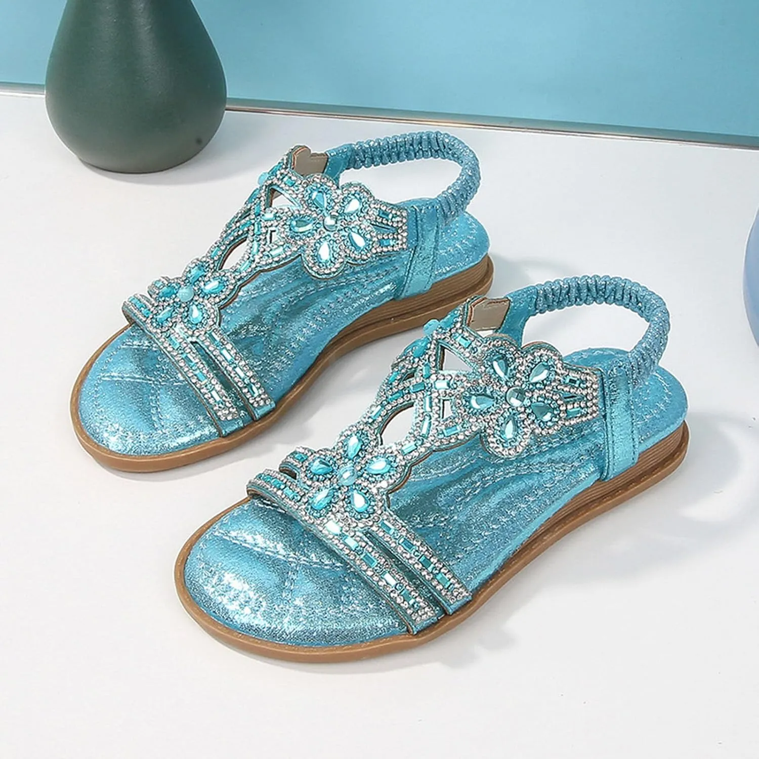 Women Rhinestone Sandals T-Strap Buckle Bohemian Sandal Pearl Crystal Flat Fashion Sandals for Women 2025