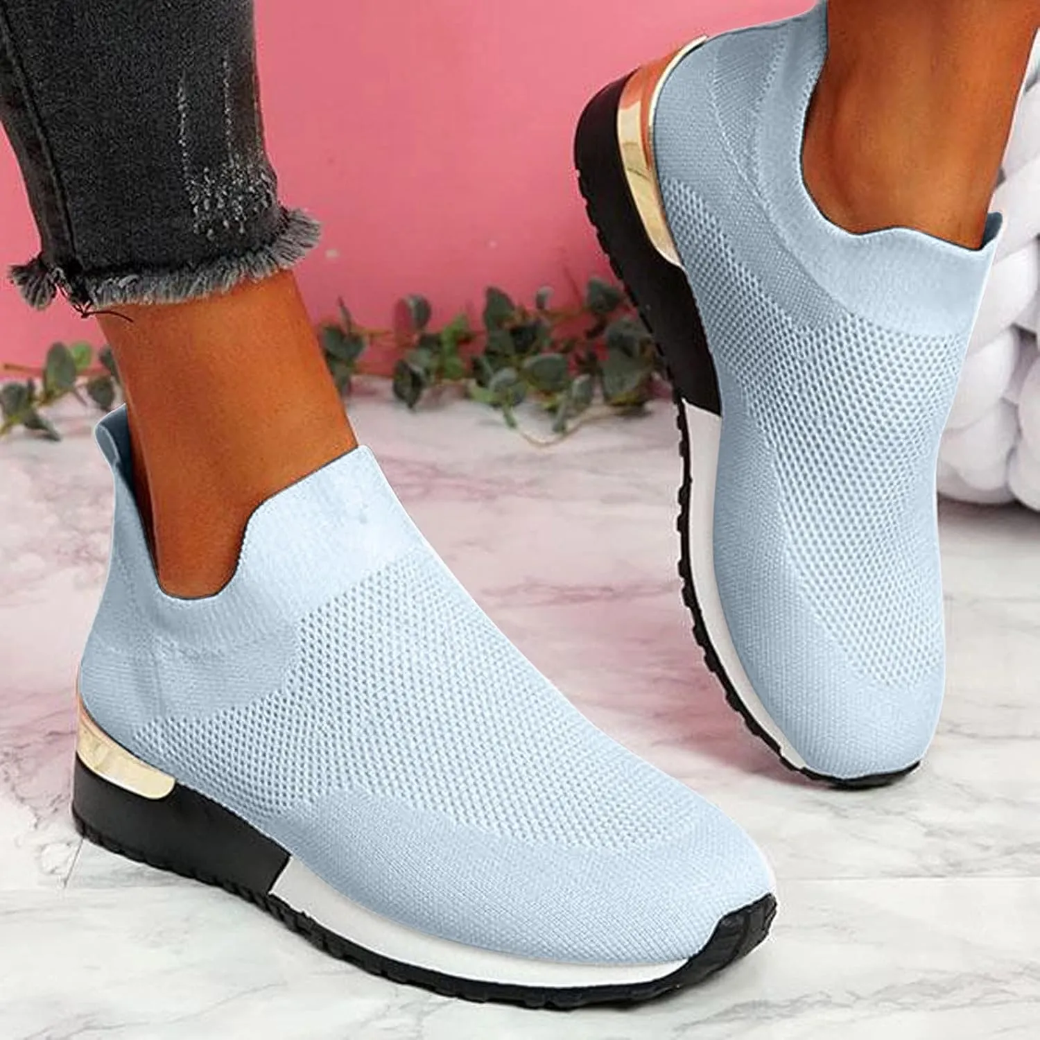 Women Woven Sneakers Comfortable Lightweight Breathable Casual Sneakers with Arch Support Mesh Slip On Walking Shoes