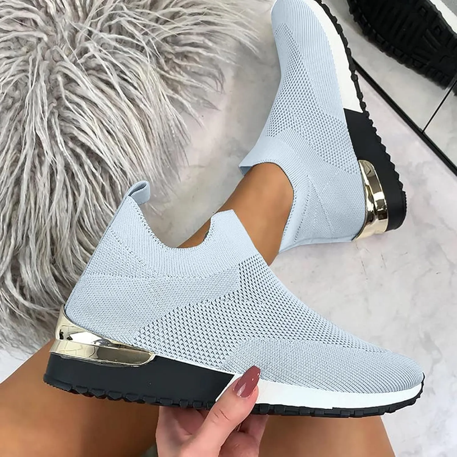 Women Woven Sneakers Comfortable Lightweight Breathable Casual Sneakers with Arch Support Mesh Slip On Walking Shoes