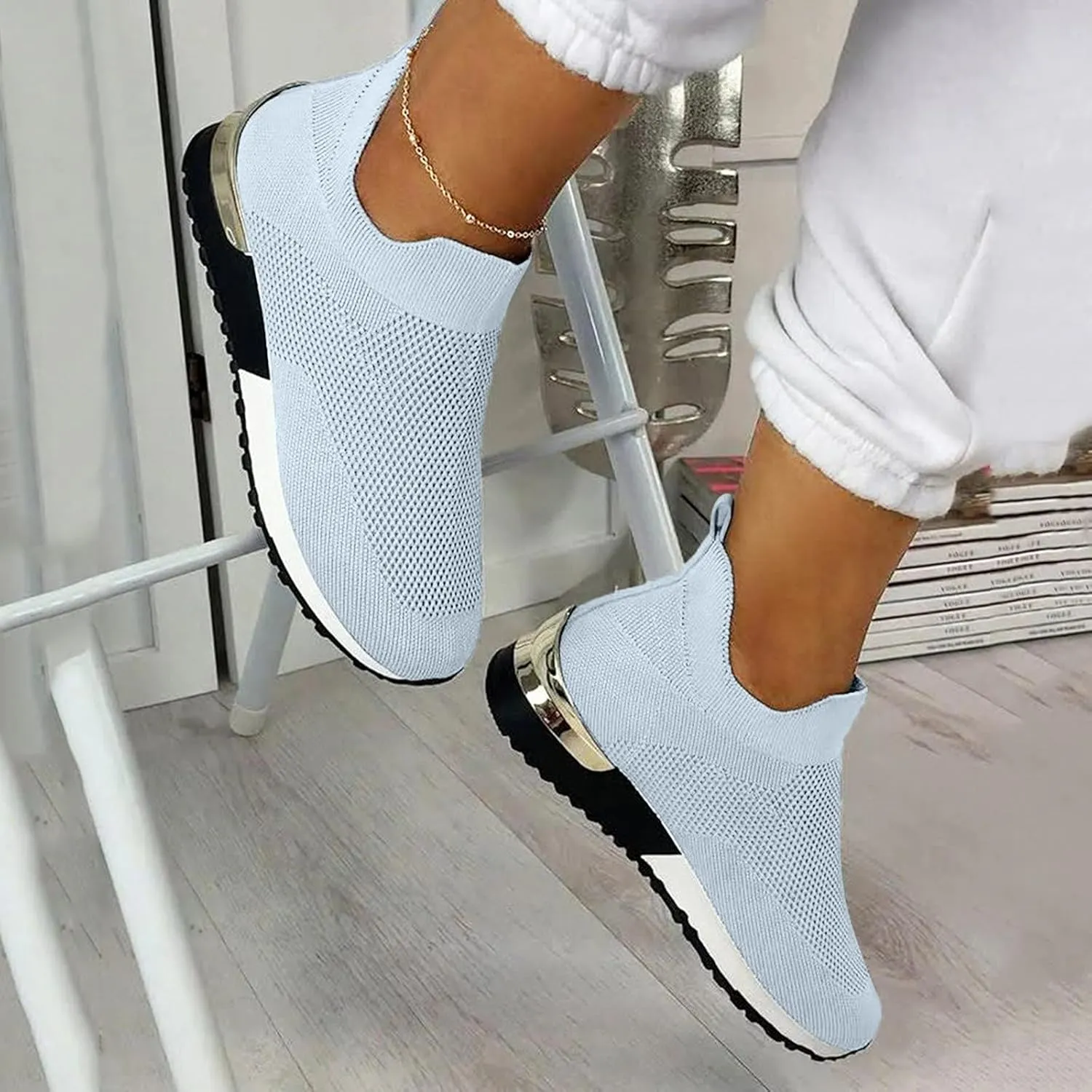 Women Woven Sneakers Comfortable Lightweight Breathable Casual Sneakers with Arch Support Mesh Slip On Walking Shoes