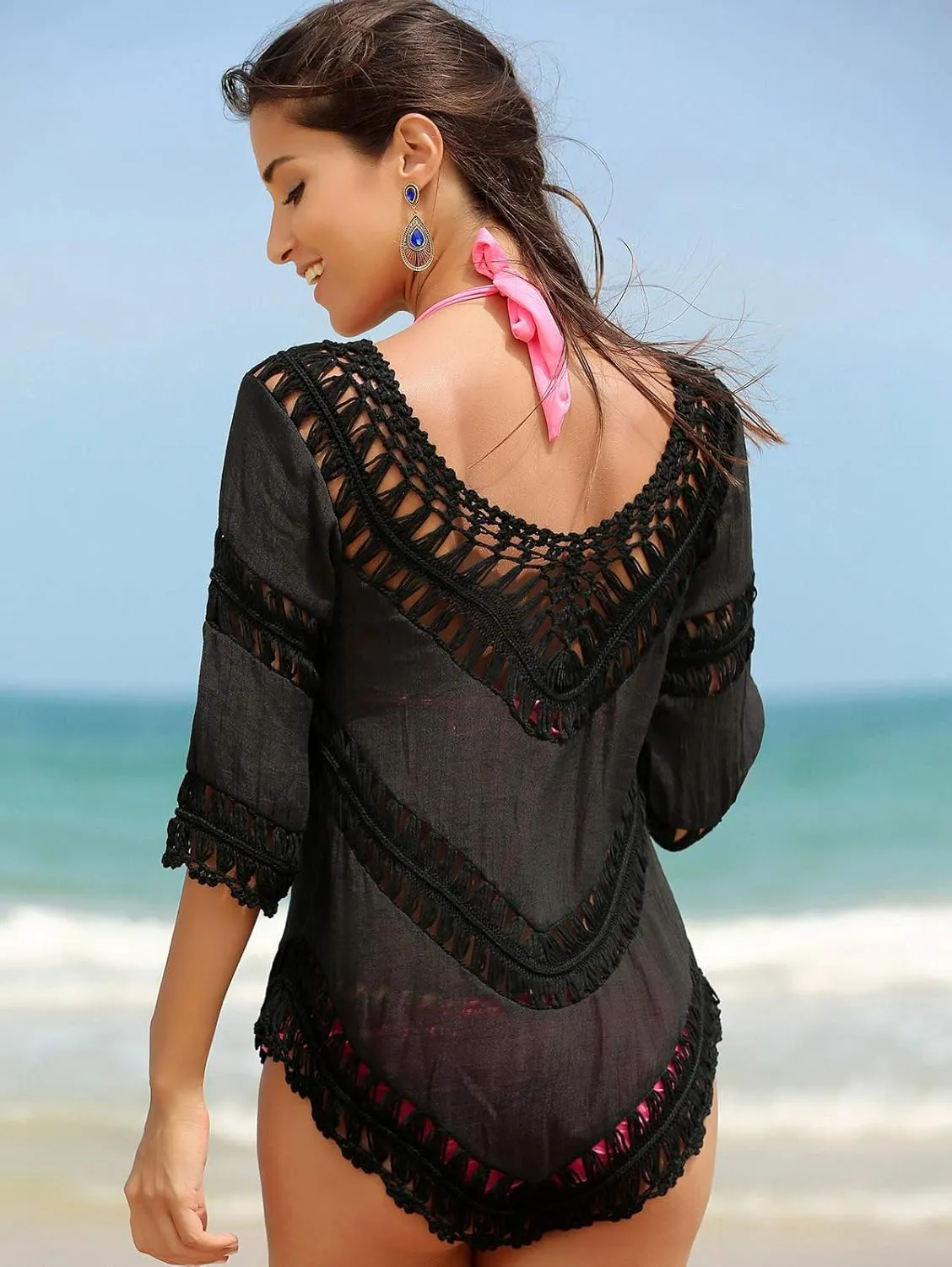 Women’s Boho V Neck Crochet Tunic Tops Blouse Shirt Hollow Out Beach Swimsuit Cover up
