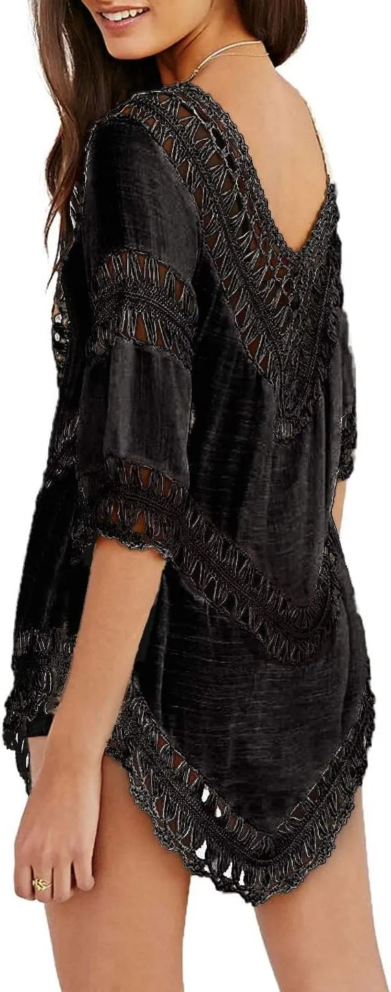 Women’s Boho V Neck Crochet Tunic Tops Blouse Shirt Hollow Out Beach Swimsuit Cover up