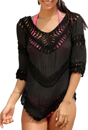 Women’s Boho V Neck Crochet Tunic Tops Blouse Shirt Hollow Out Beach Swimsuit Cover up