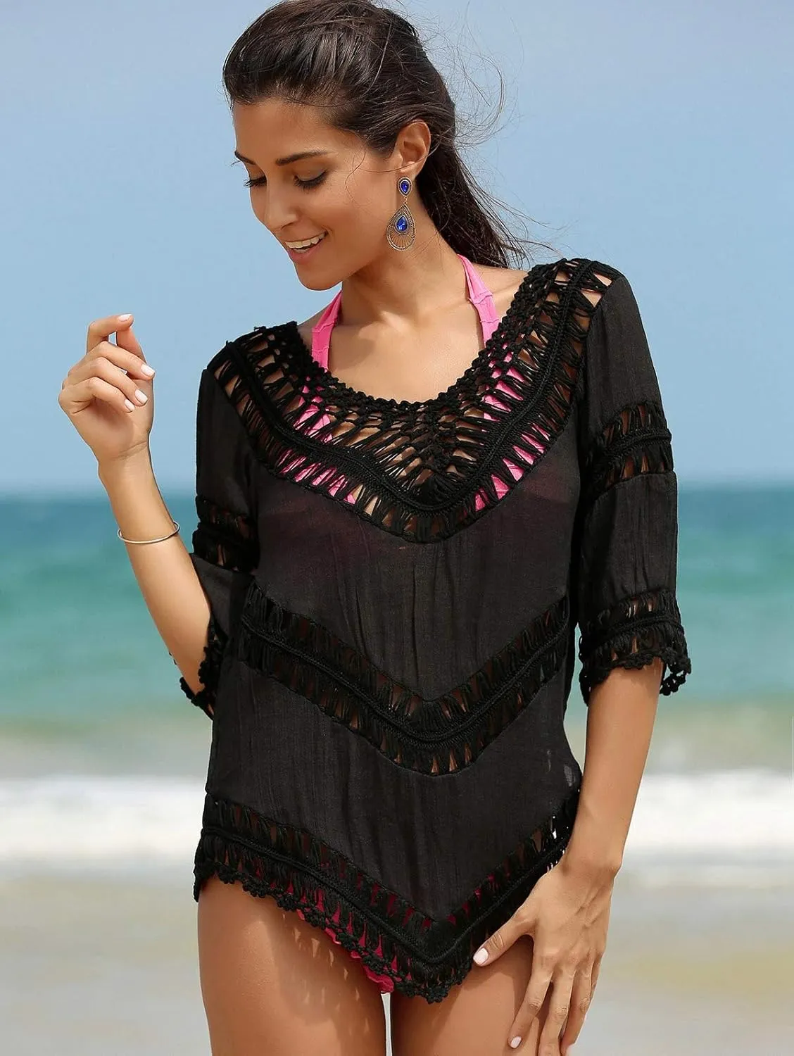 Women’s Boho V Neck Crochet Tunic Tops Blouse Shirt Hollow Out Beach Swimsuit Cover up