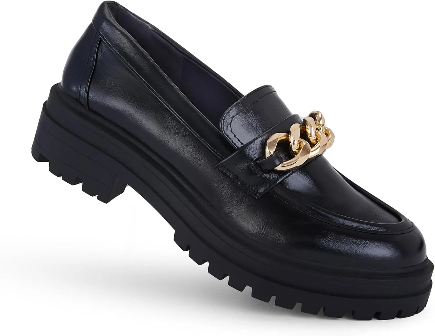 Women's Chunky Heeled Loafers with Gold Chain Trim - Slip-On Rubber Sole Shoes for Formal and Casual Wear