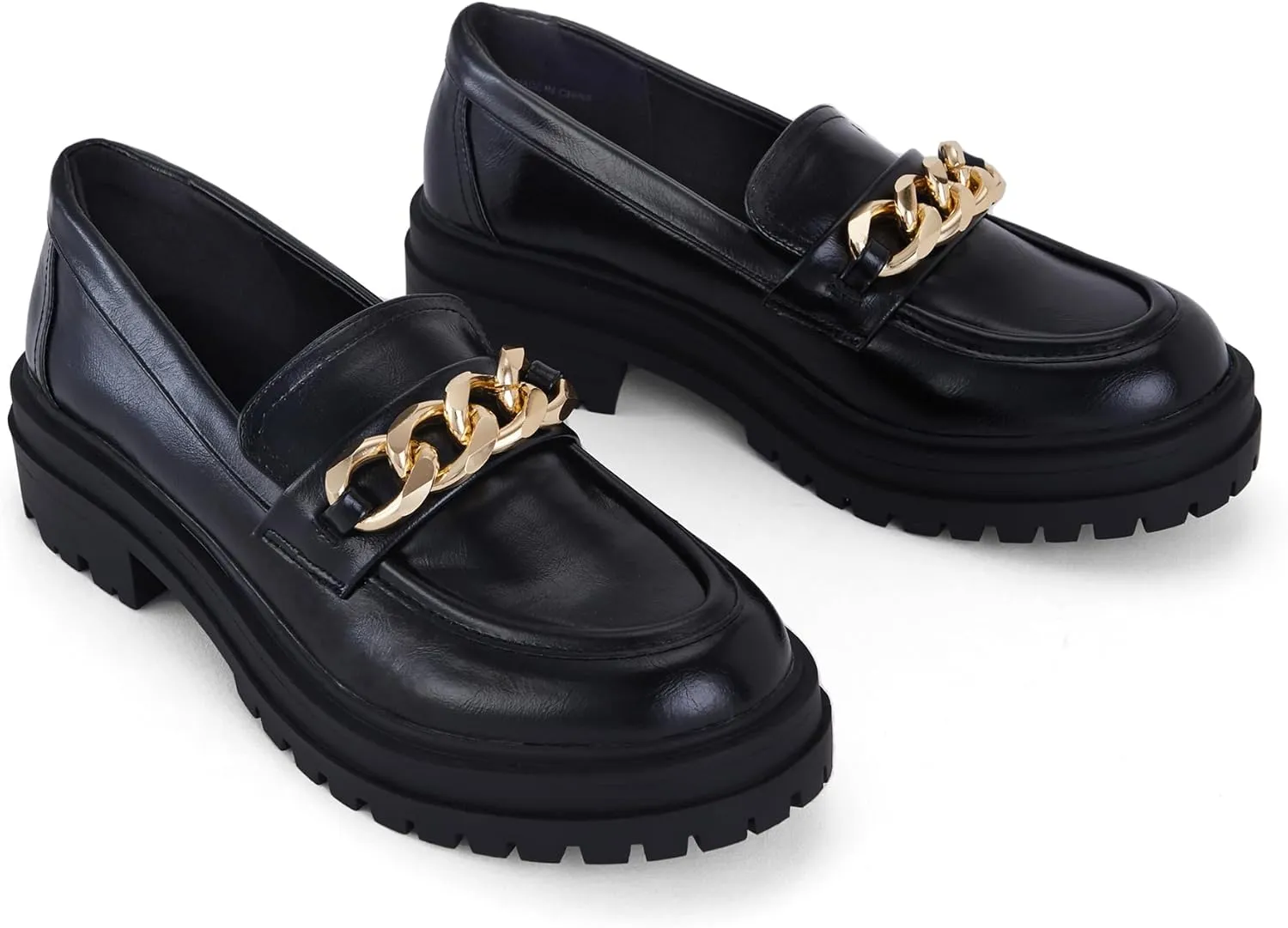 Women's Chunky Heeled Loafers with Gold Chain Trim - Slip-On Rubber Sole Shoes for Formal and Casual Wear
