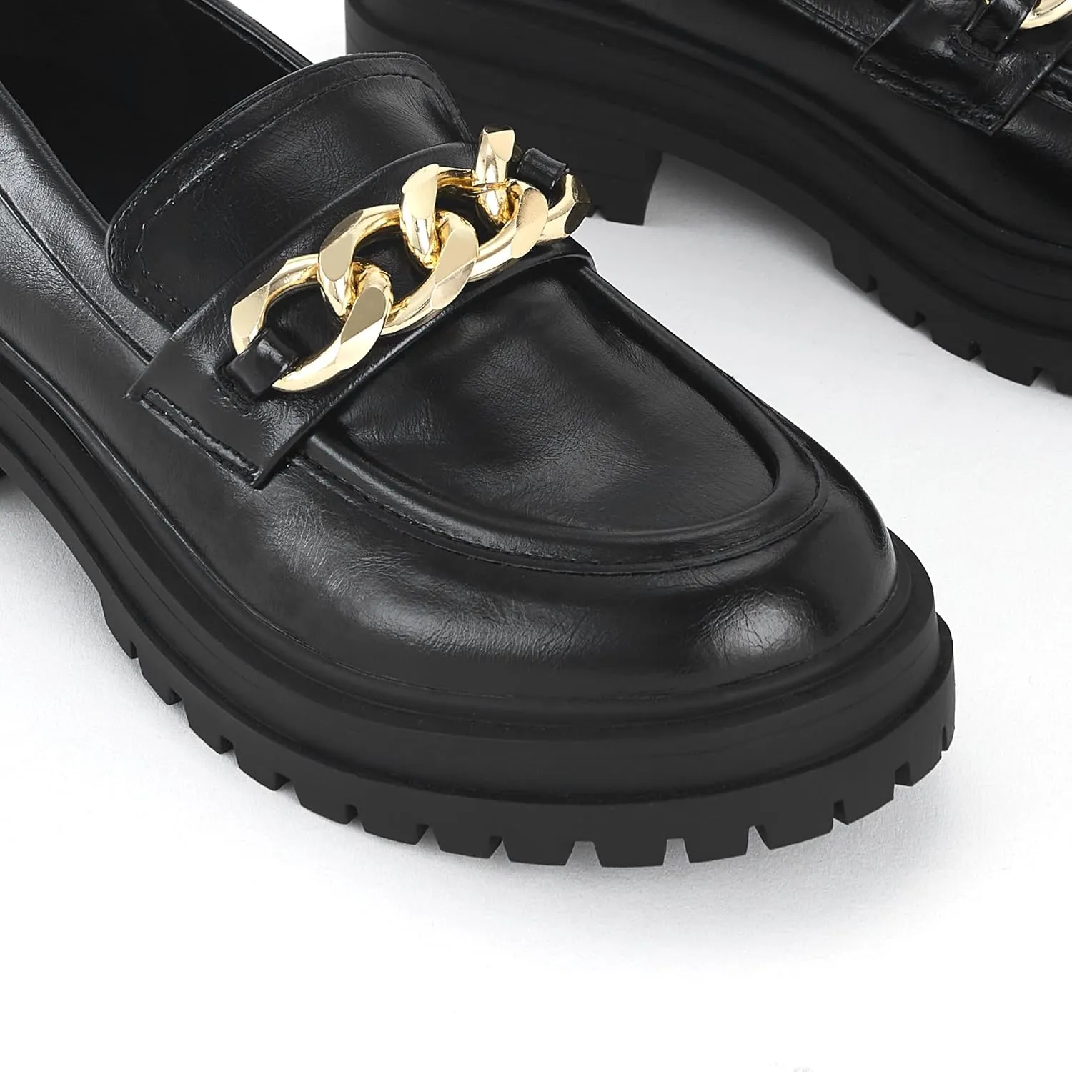 Women's Chunky Heeled Loafers with Gold Chain Trim - Slip-On Rubber Sole Shoes for Formal and Casual Wear