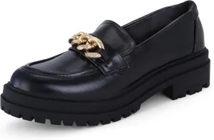 Women's Chunky Heeled Loafers with Gold Chain Trim - Slip-On Rubber Sole Shoes for Formal and Casual Wear