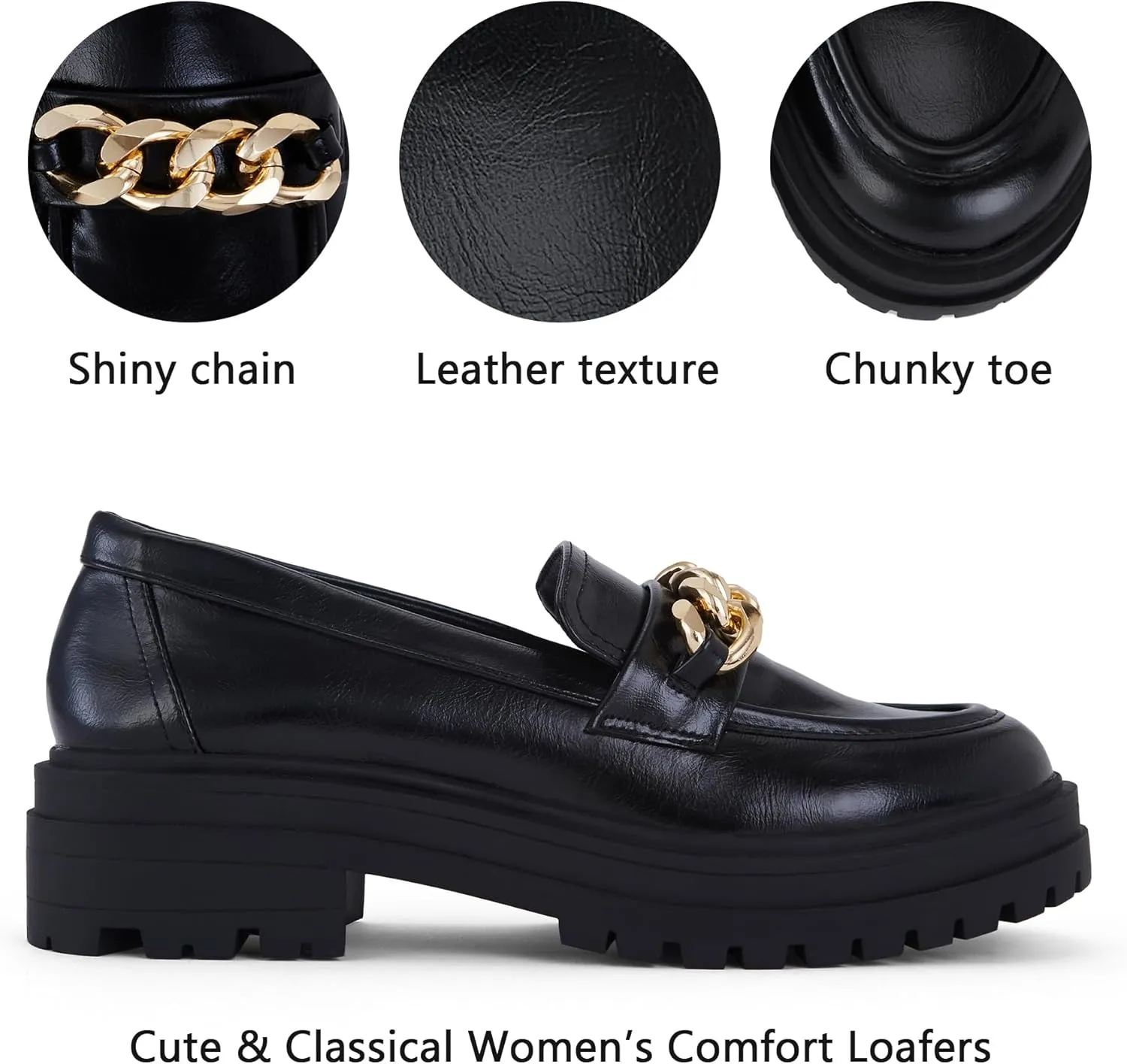 Women's Chunky Heeled Loafers with Gold Chain Trim - Slip-On Rubber Sole Shoes for Formal and Casual Wear