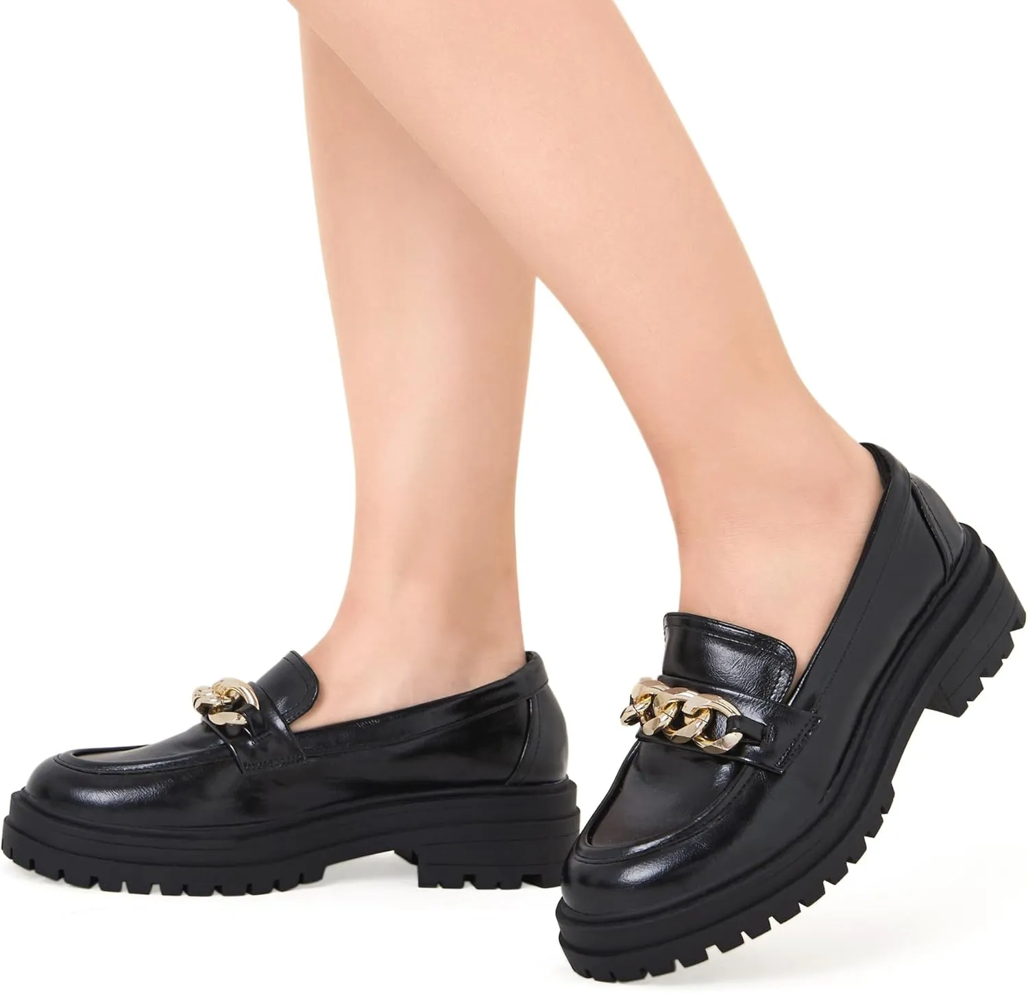 Women's Chunky Heeled Loafers with Gold Chain Trim - Slip-On Rubber Sole Shoes for Formal and Casual Wear
