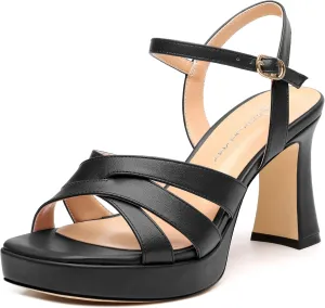 Women's Chunky Platform High Heels Block Heeled Sandals Open Square Toe Ankle Strap Dress Wedding Party Sandal Shoes 3.3''