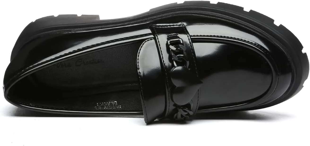 Women's Chunky Platform Loafers with Chain or Buckle Patent Leather Black Penny Loafers Fashion Office Shoes School Dress Shoes Comfort Slip-on
