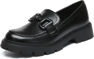Women's Chunky Platform Loafers with Chain or Buckle Patent Leather Black Penny Loafers Fashion Office Shoes School Dress Shoes Comfort Slip-on