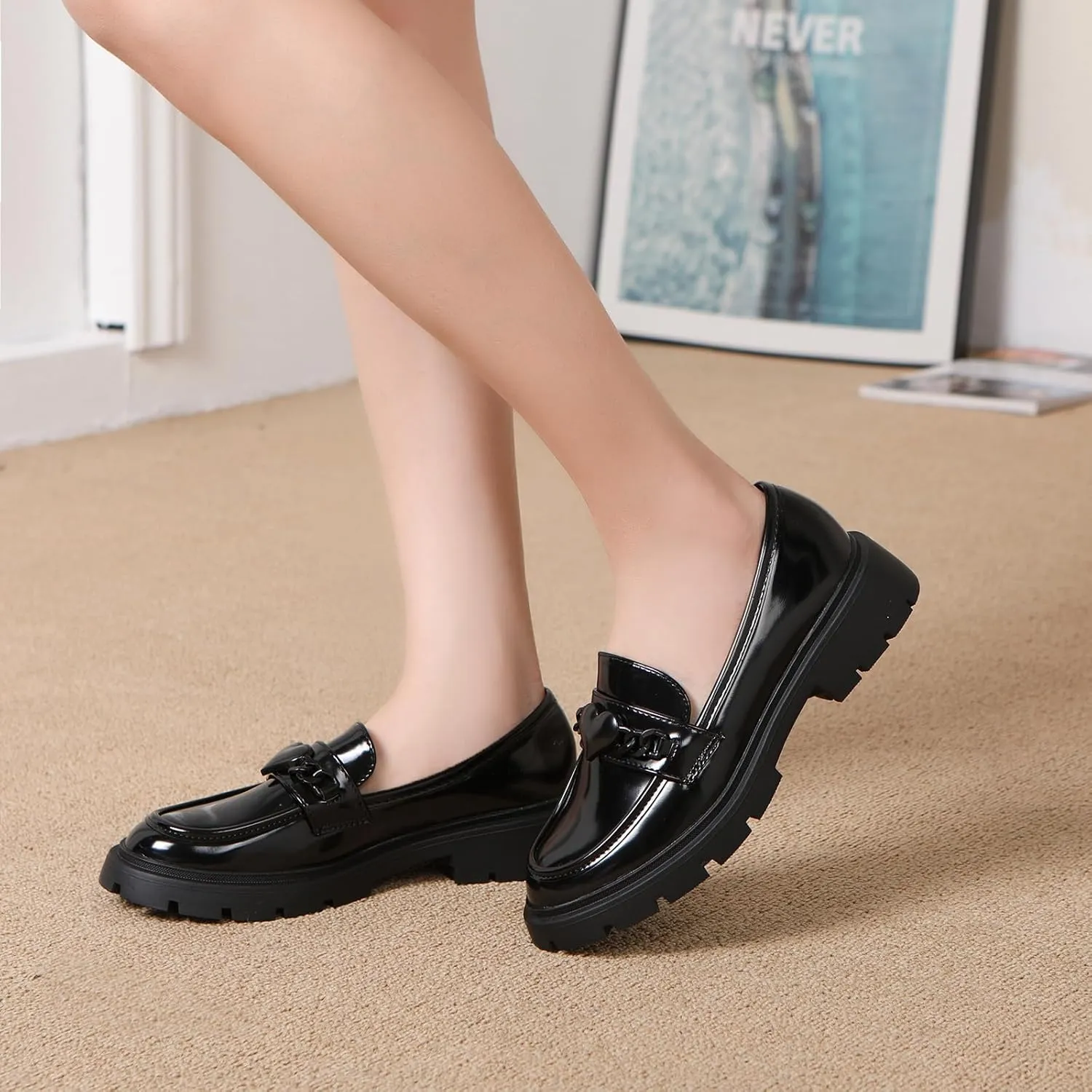 Women's Chunky Platform Loafers with Chain or Buckle Patent Leather Black Penny Loafers Fashion Office Shoes School Dress Shoes Comfort Slip-on