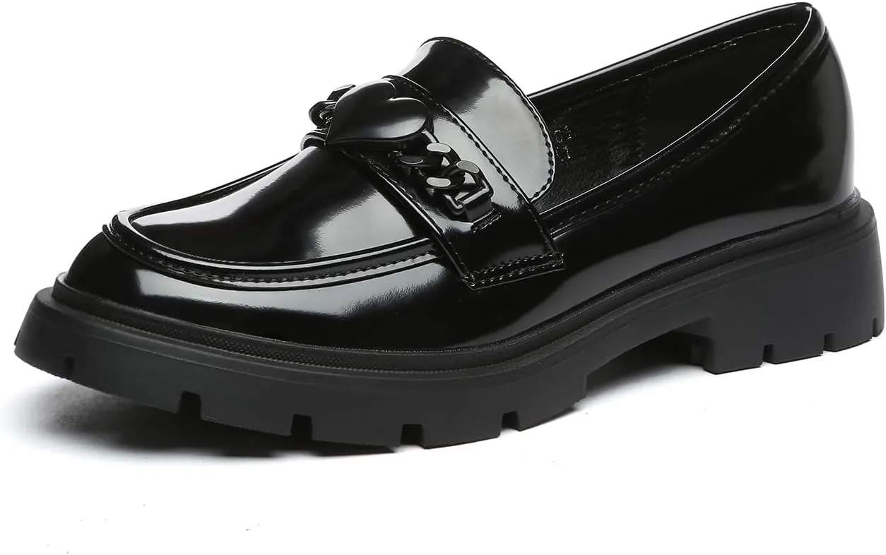 Women's Chunky Platform Loafers with Chain or Buckle Patent Leather Black Penny Loafers Fashion Office Shoes School Dress Shoes Comfort Slip-on