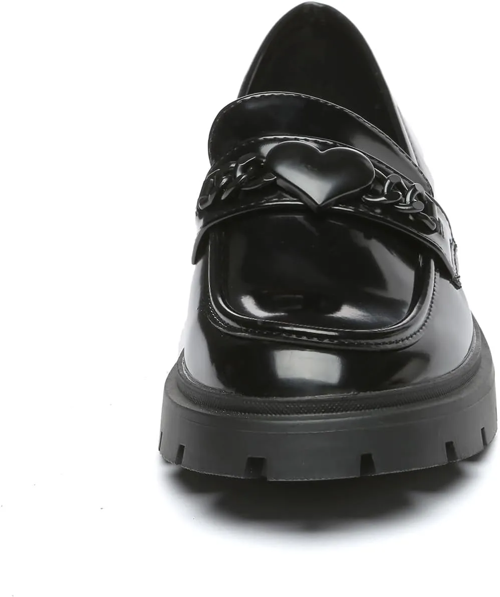 Women's Chunky Platform Loafers with Chain or Buckle Patent Leather Black Penny Loafers Fashion Office Shoes School Dress Shoes Comfort Slip-on