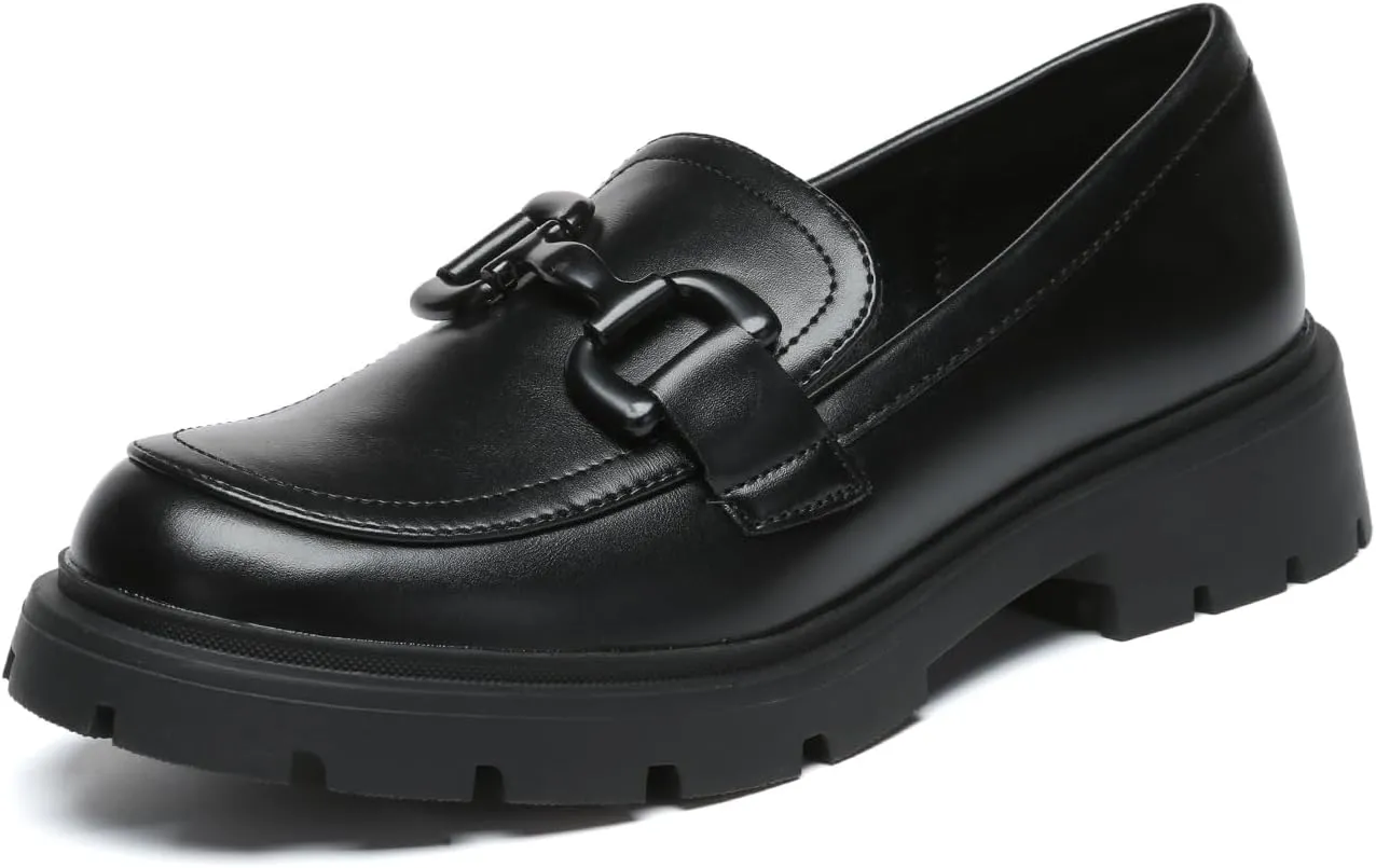 Women's Chunky Platform Loafers with Chain or Buckle Patent Leather Black Penny Loafers Fashion Office Shoes School Dress Shoes Comfort Slip-on