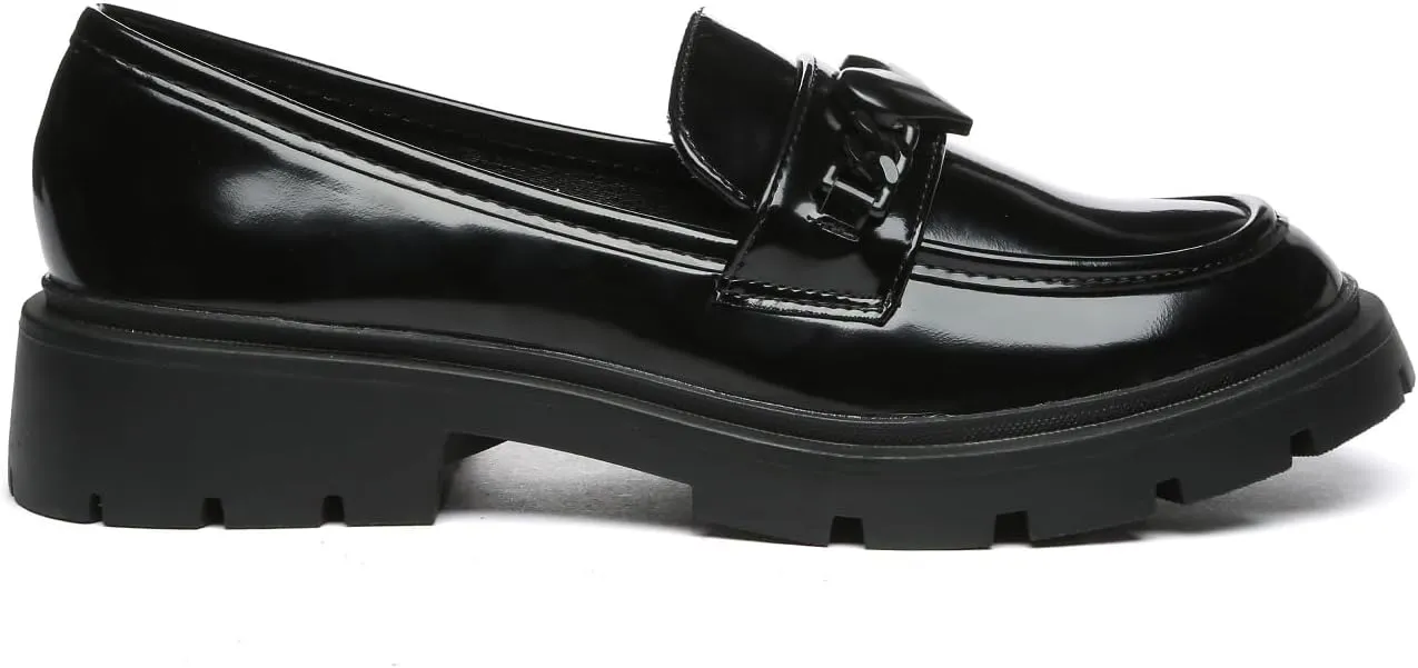 Women's Chunky Platform Loafers with Chain or Buckle Patent Leather Black Penny Loafers Fashion Office Shoes School Dress Shoes Comfort Slip-on