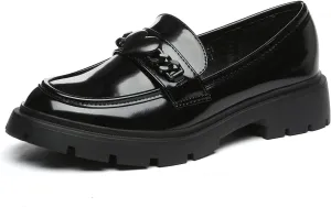 Women's Chunky Platform Loafers with Chain or Buckle Patent Leather Black Penny Loafers Fashion Office Shoes School Dress Shoes Comfort Slip-on