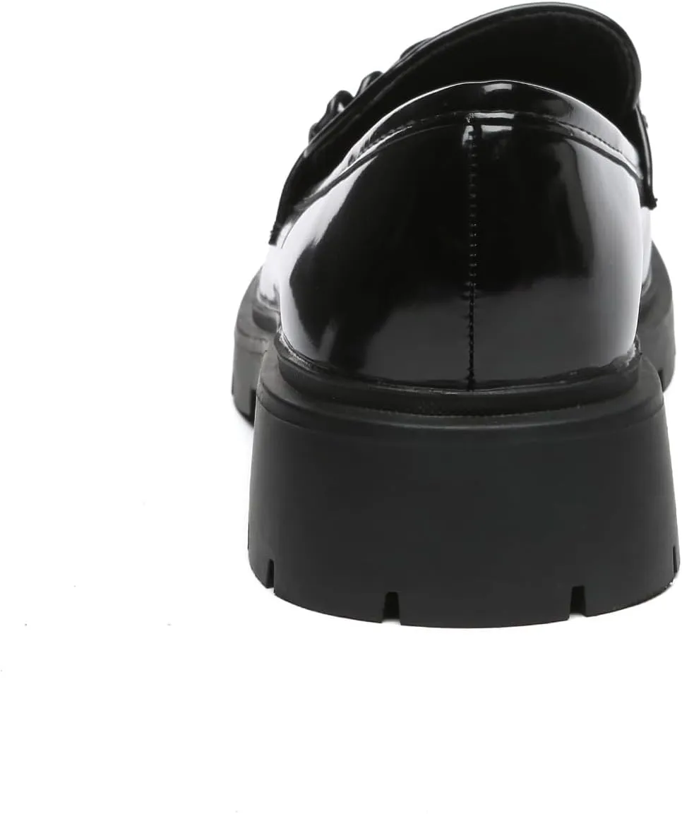 Women's Chunky Platform Loafers with Chain or Buckle Patent Leather Black Penny Loafers Fashion Office Shoes School Dress Shoes Comfort Slip-on